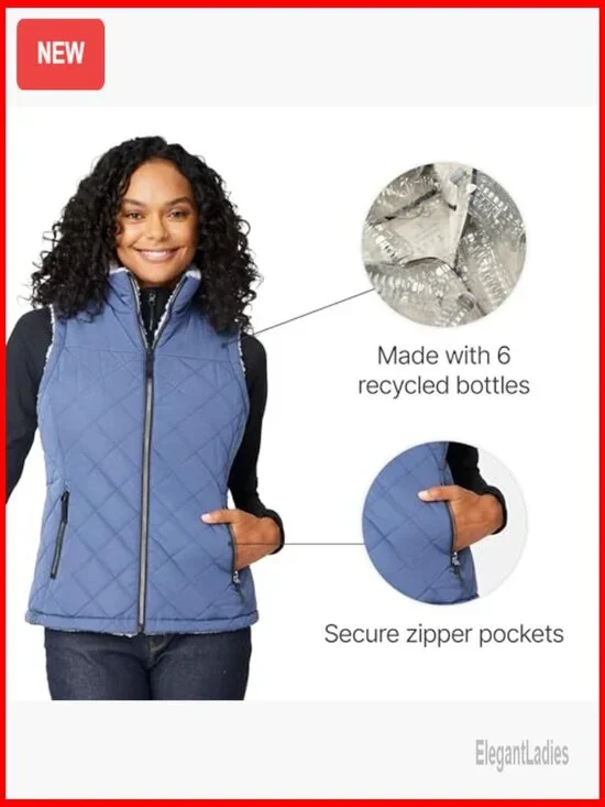 Reversible Puffer Sherpa Vest Lightweight Wind Resistant Zip Pockets - Picture 6 of 7